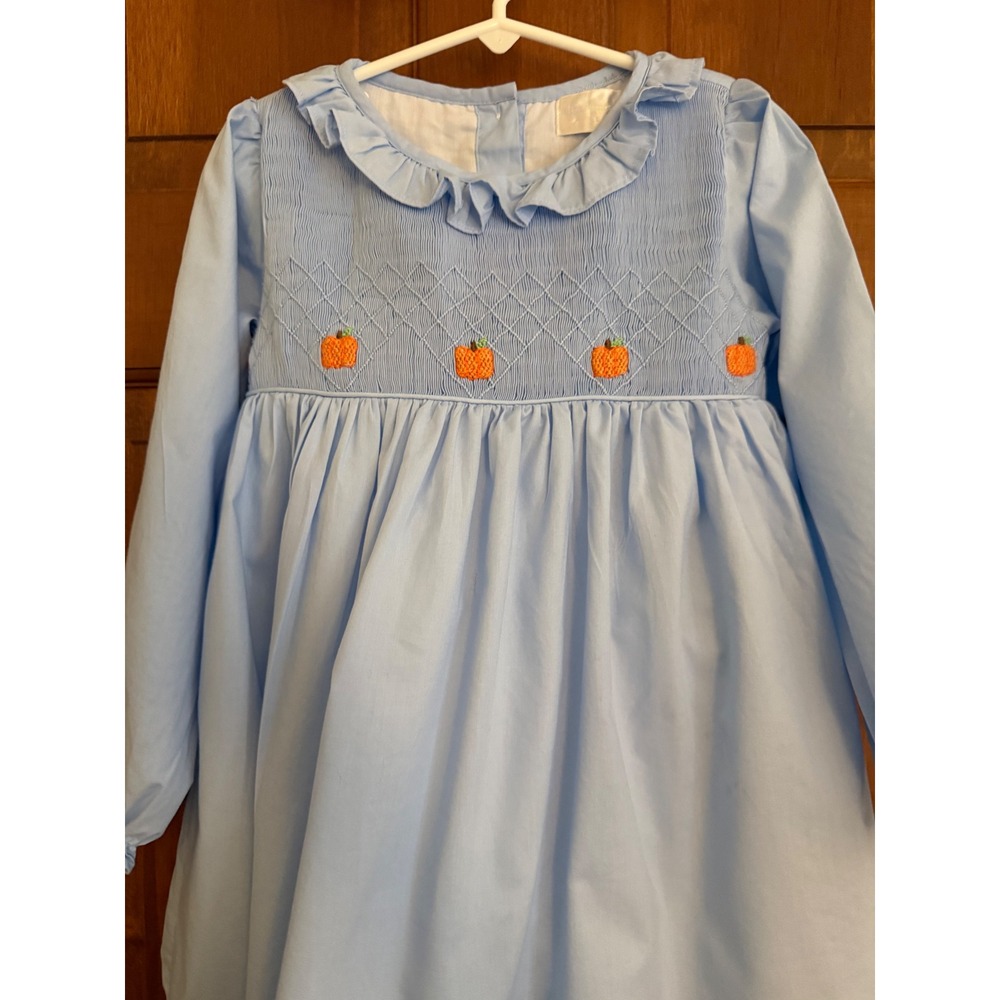 Eliza James Kids Smocked Pumpkin Dress Girls Size 6 Blue Embroidered Long Sleeve